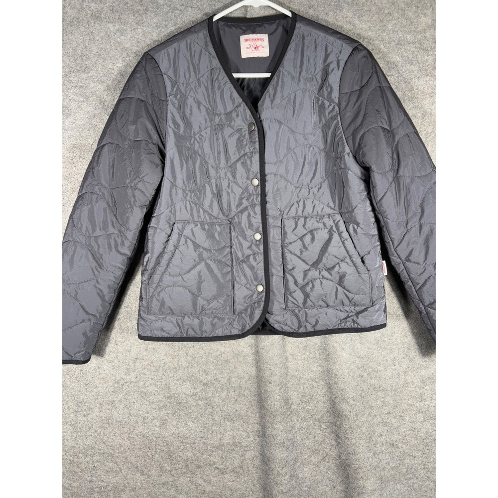 True Religion Womens Gray Onion Quilted Liner Jacket V-Neck Snap Front TRK72JP5